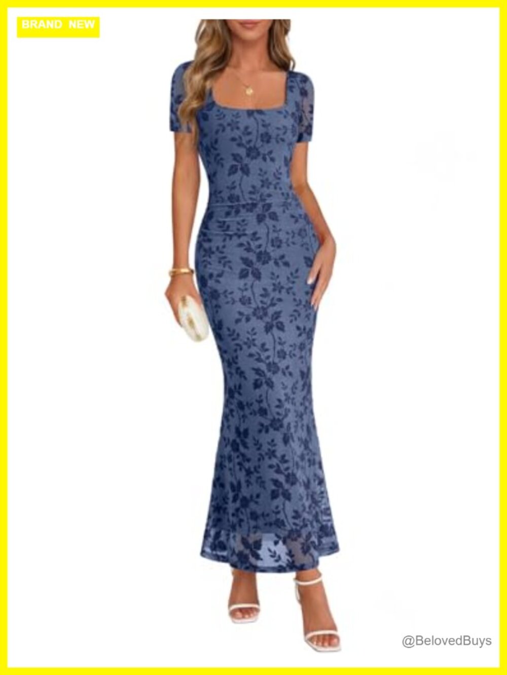 Fitted Floral Maxi Dress Square Neck Short Sleeve Summer Wedding Guest